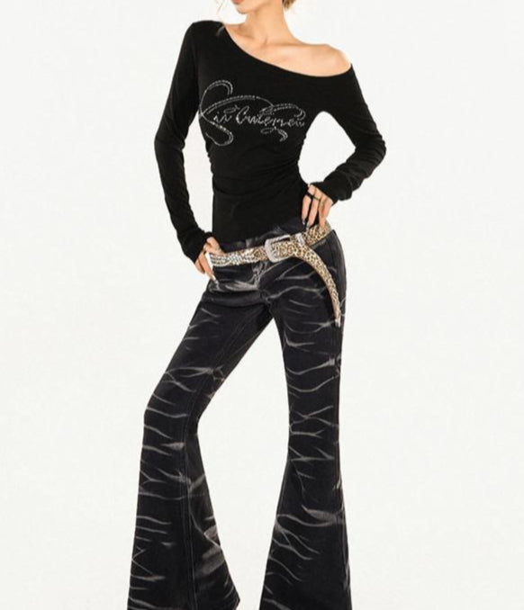 Chic Diamond Black Long Sleeve Crop Top