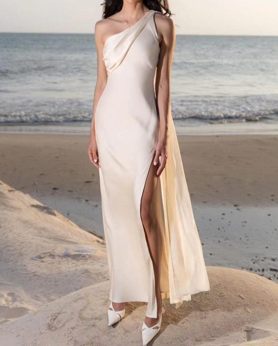 Satin Oblique Shoulder Backless Dress