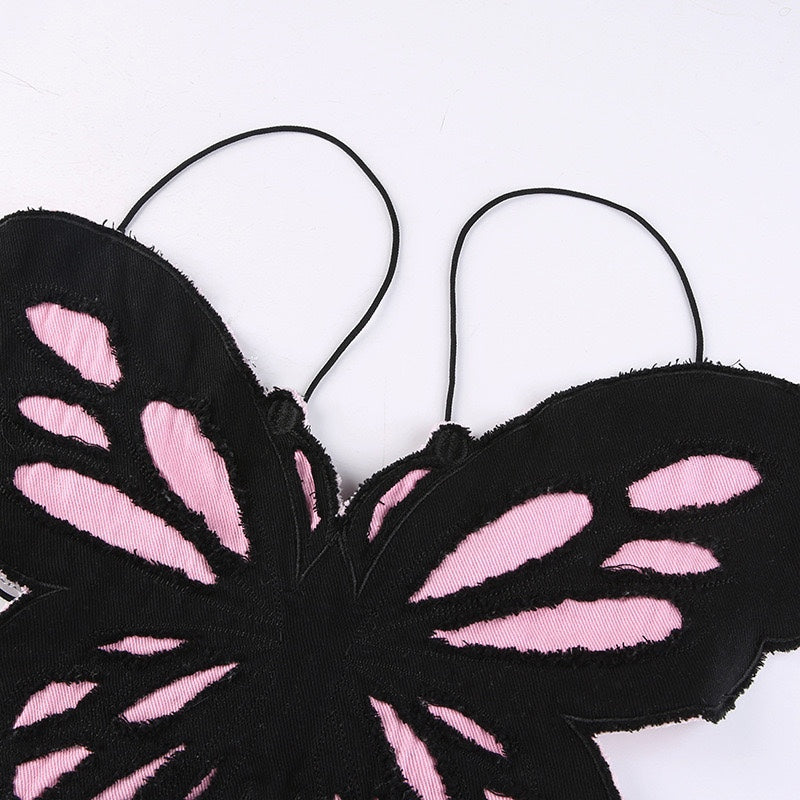 Butterfly Embroidered Strap Backless Top