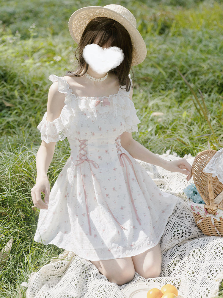 Japanese Off-shoulder Floral Lace Dress