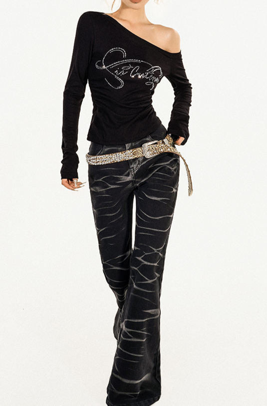 Chic Diamond Black Long Sleeve Crop Top