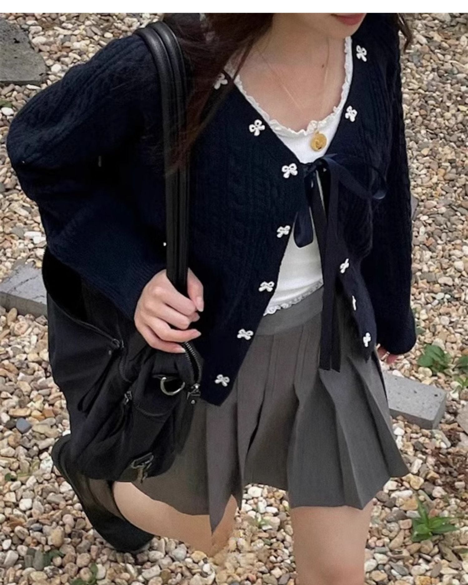 Preppy Bow Tie Coquette Knitted Cardigan