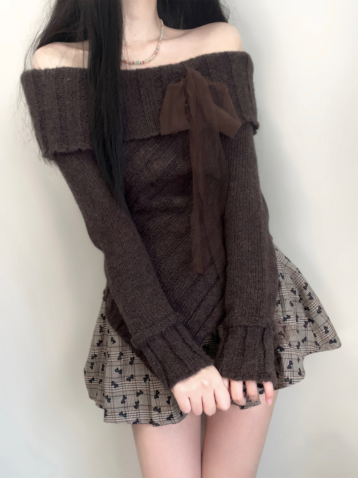 Soft Girl Brown Off Shoulder Sweater