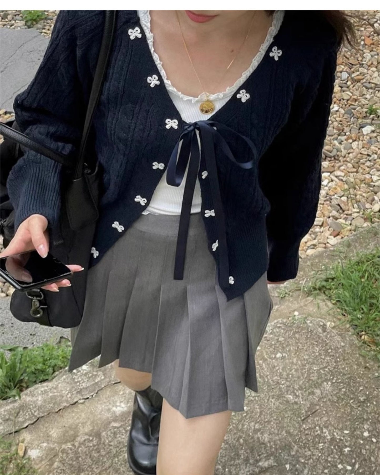 Preppy Bow Tie Coquette Knitted Cardigan