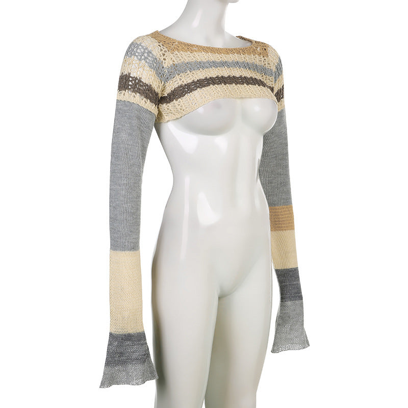 crochet street casual round neck striped long-sleeved top