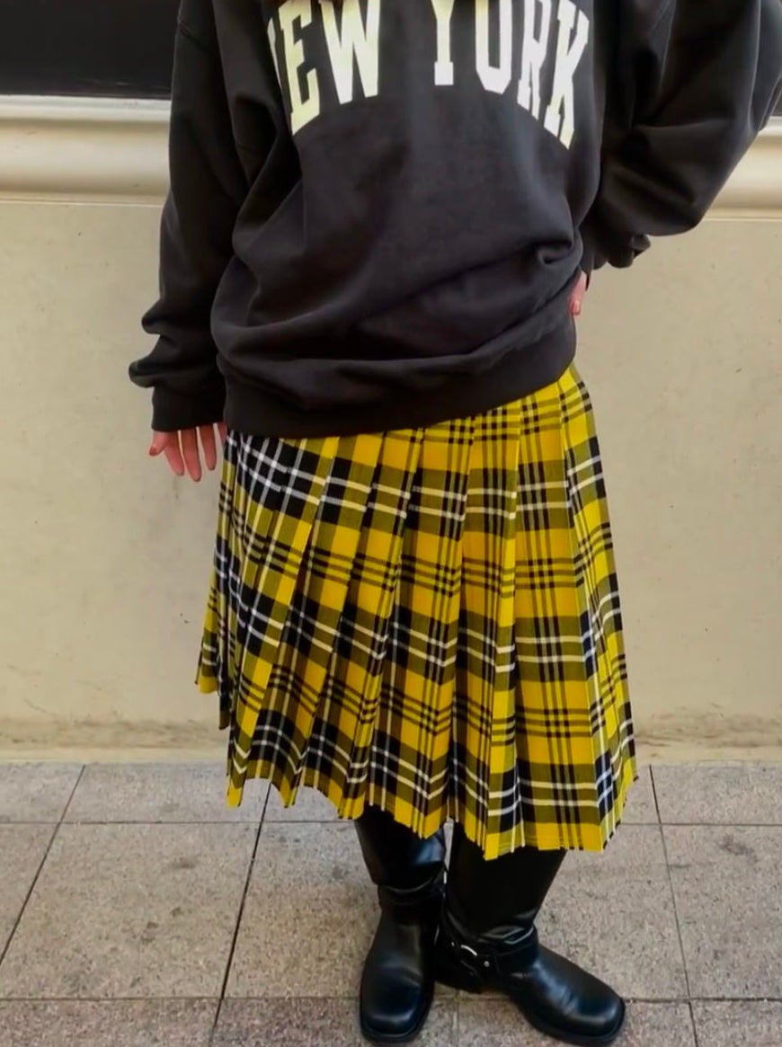 Preppy Mid-waist Yellow Plaid Pleated Skirt