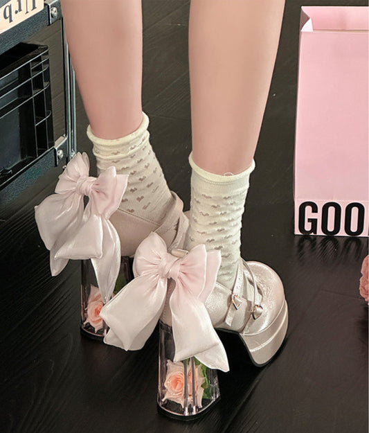Mesh Pink Bow High Heels