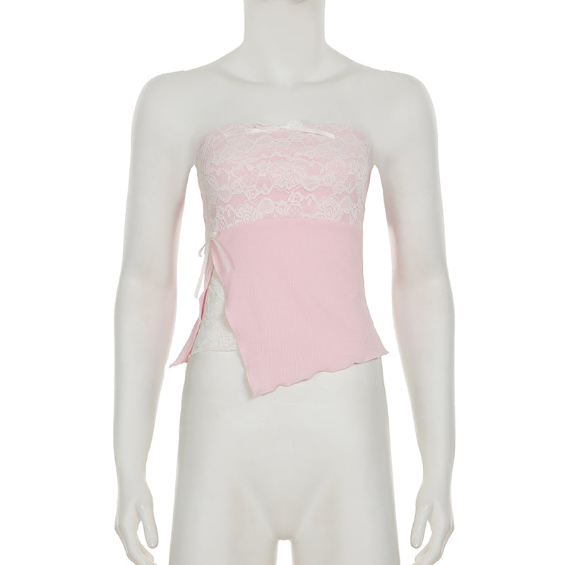 Lace Splicing Slit Tube Top
