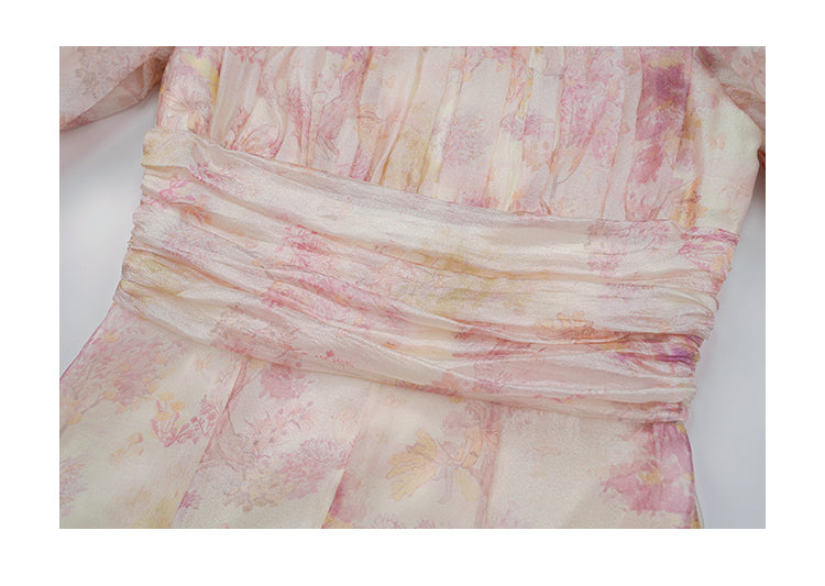 Off-shoulder Mesh Floral Puff-sleeved Dress