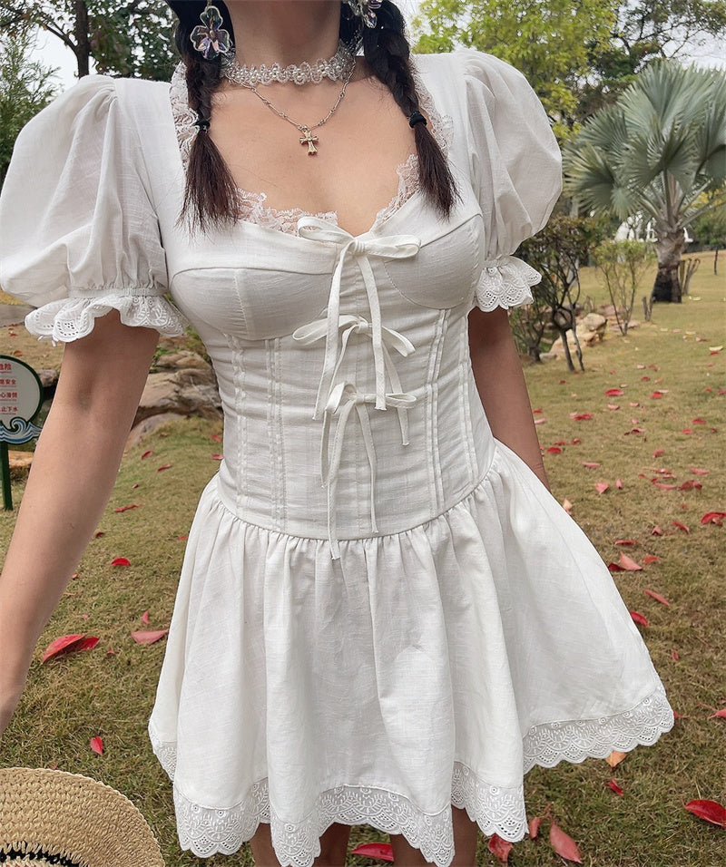 Jasmine Puff Sleeves Lace Bow Dress