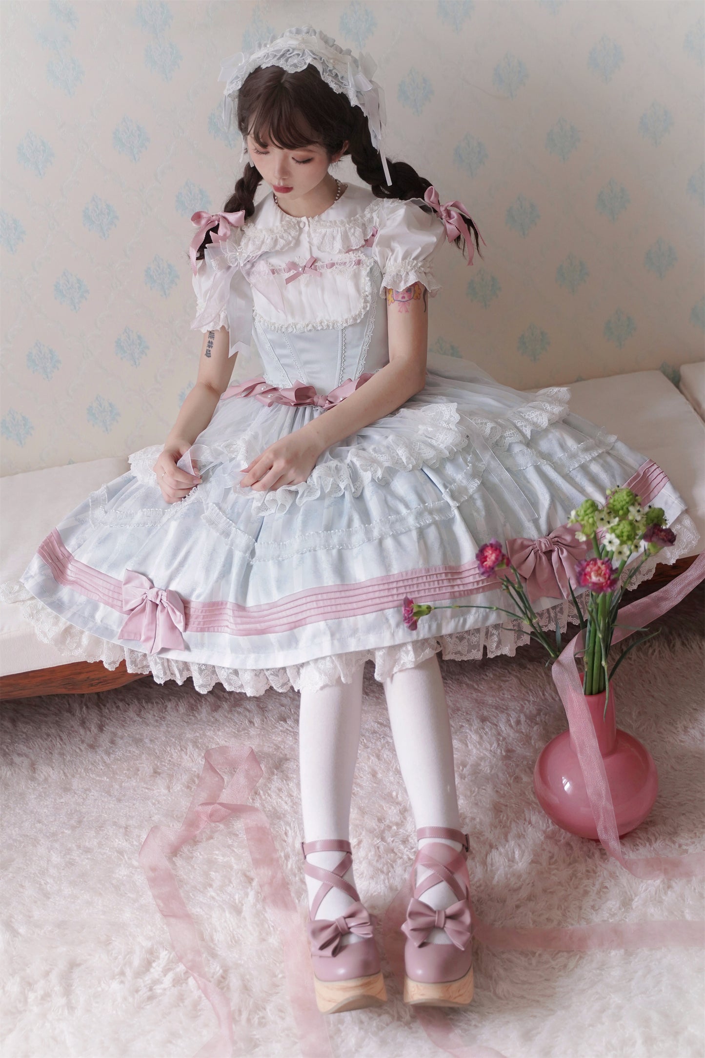 Baby Blue Mesh Pink Bow Lolita Dress