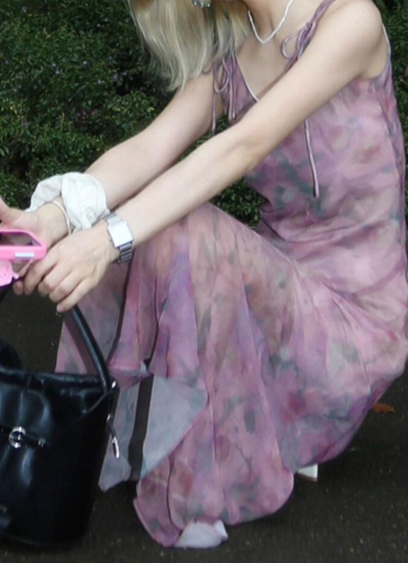 Rose Smudged Chiffon Floral Dress