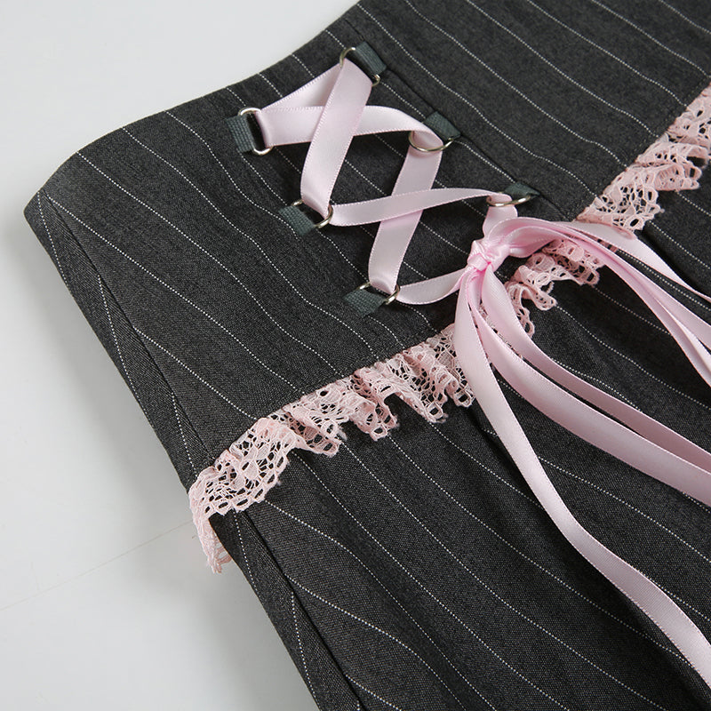 Bow Straps Striped Pleated Skirt
