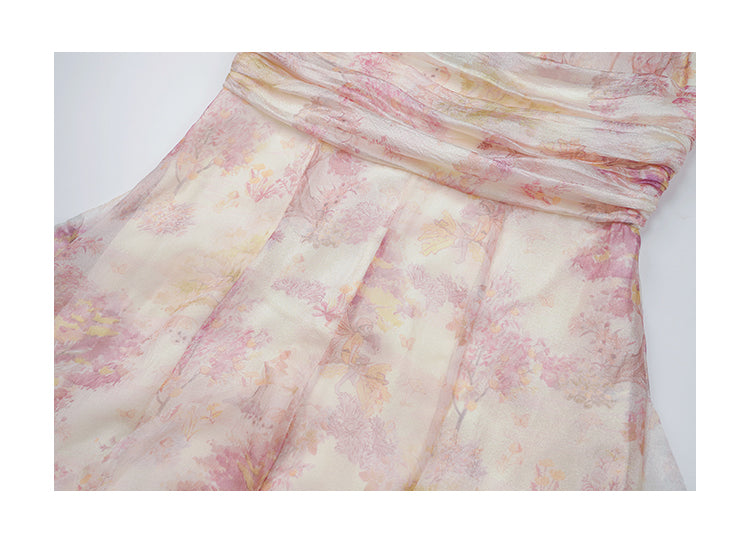 Off-shoulder Mesh Floral Puff-sleeved Dress
