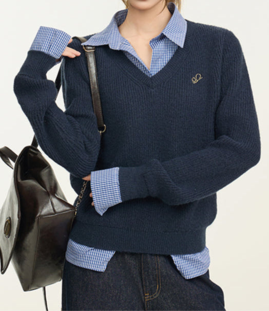 Preppy Navy Polo Collar Sweater
