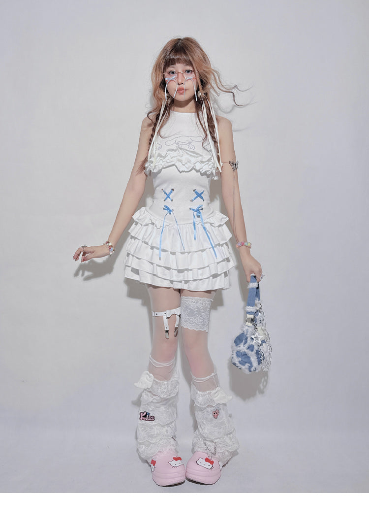 Goth Straps Ruffled Cake White Dress