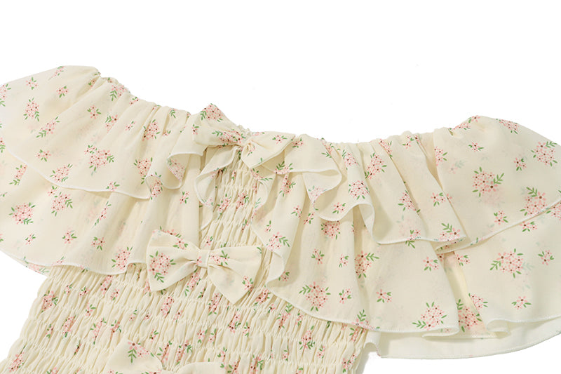 Yellow Floral Ruffled Off-shoulder Dress