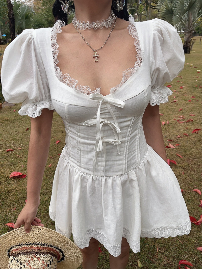 Jasmine Puff Sleeves Lace Bow Dress