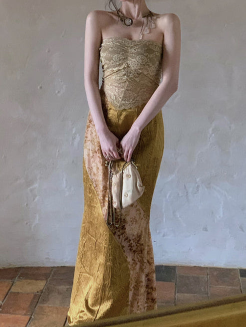 Lace Knitted Stretch Irregular Tube Top + Gold Spliced Skirt Set