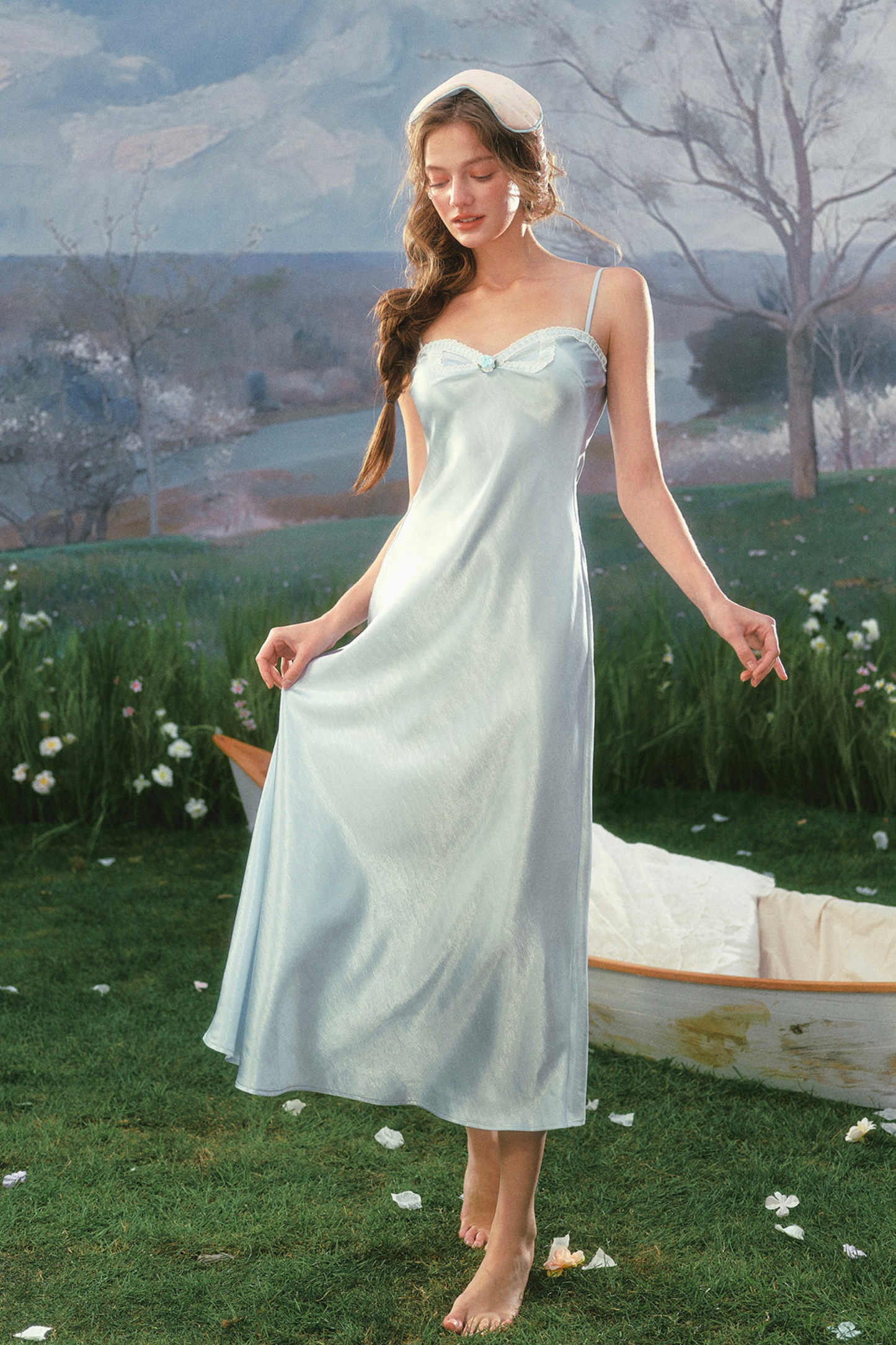 Lace Maid Blue Satin Cardigan Dress + Cardigan