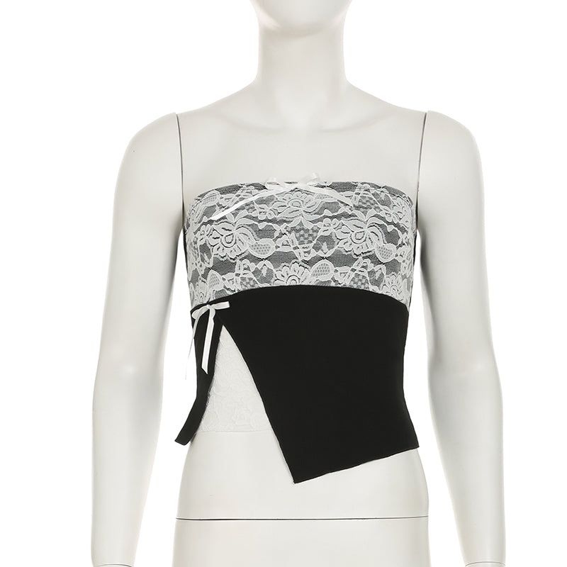 Lace Splicing Slit Tube Top