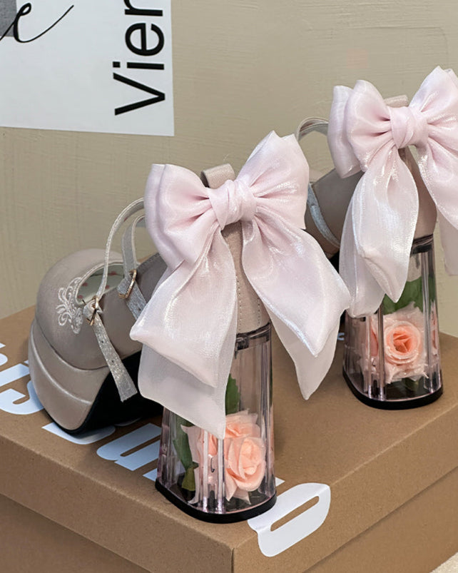 Mesh Pink Bow High Heels