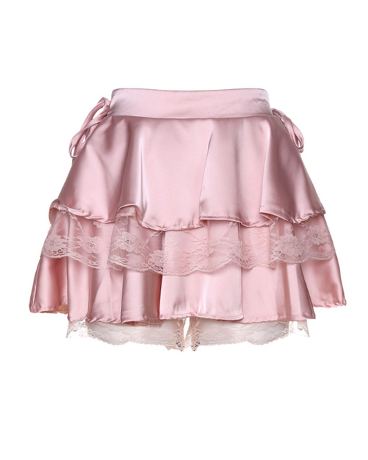 Sweet Lace Acetate Satin Puffy Skirt