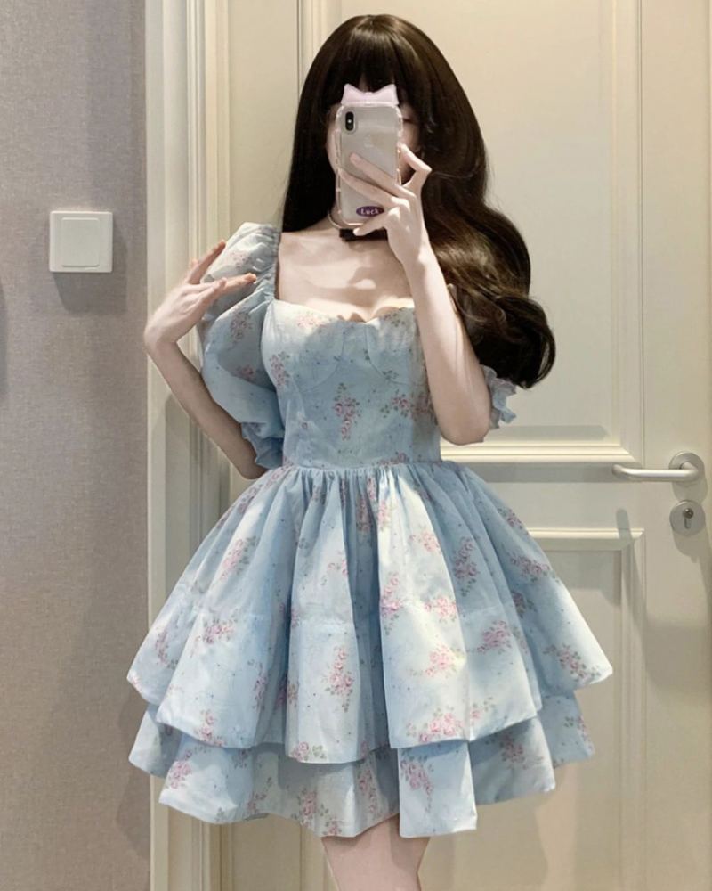French Blue Puff Sleeve Coquette Floral Dress – By Coquette