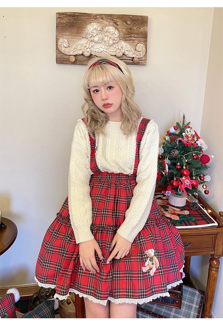 Christmas Vintage Lolita Skirts Doll Collar Blouse Plaid Skirt Set