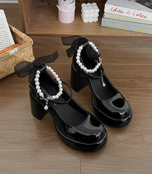Preppy Lace Bow Pearls Mary Jane Shoes