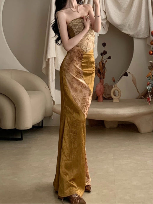 Lace Knitted Stretch Irregular Tube Top + Gold Spliced Skirt Set