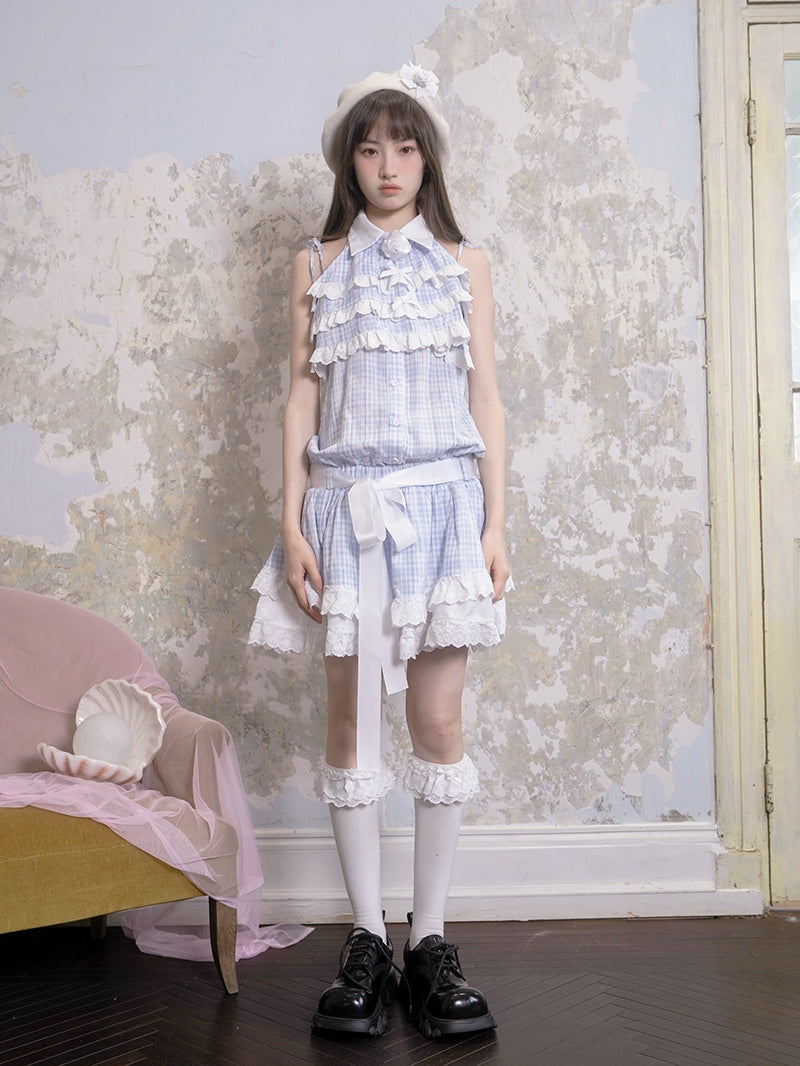 Angel Heart Blue Plaid Jacquard Lace Sleeveless Dress