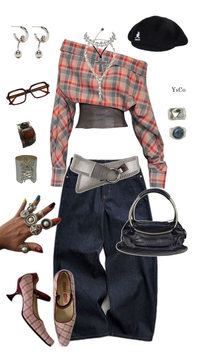 Vintage Plaid Off-Shoulder Leather Patchwork Long-Sleeve Top