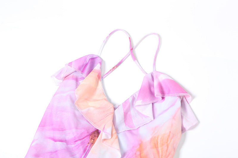 Ruffled V-neck Floral Backless Dress
