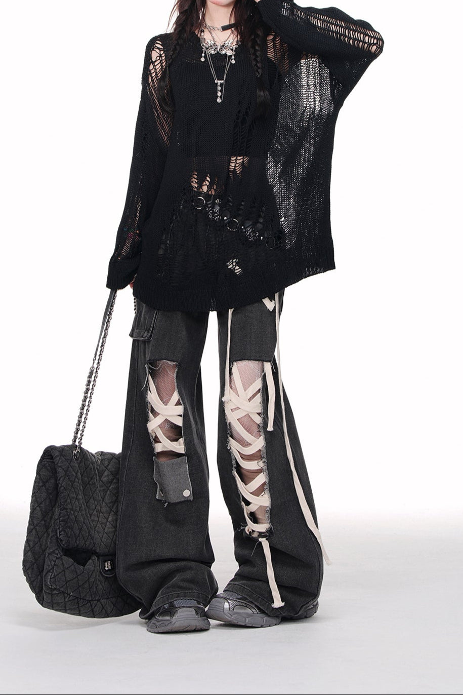 Grunge Street Straps Ripped Wide-leg Jeans
