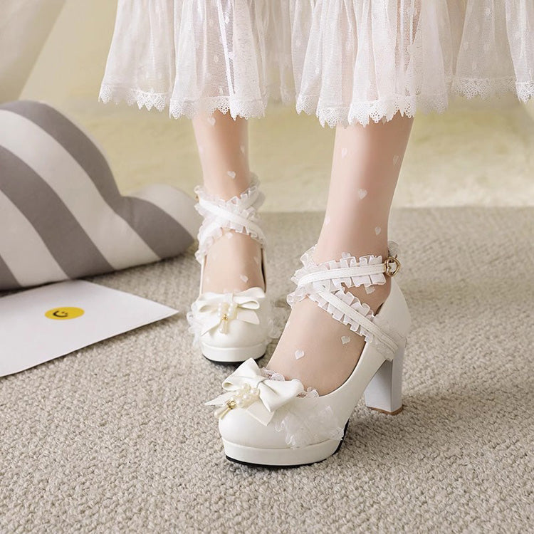 Sweet Lace Bowknot Princess Lolita Shoes 5 Colors White