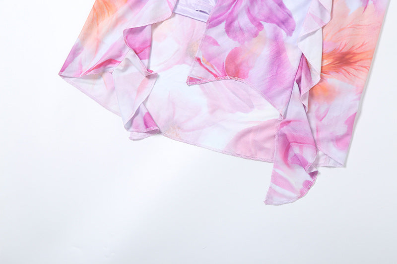 Ruffled V-neck Floral Backless Dress