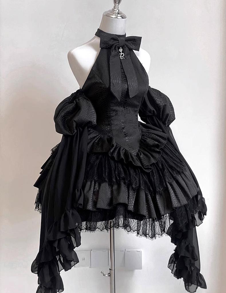 Gothic Lolita JSK Dress Snake Print Slimming Backless Dress L Black - JSK Full Set (Dress + Arm Sleeves)