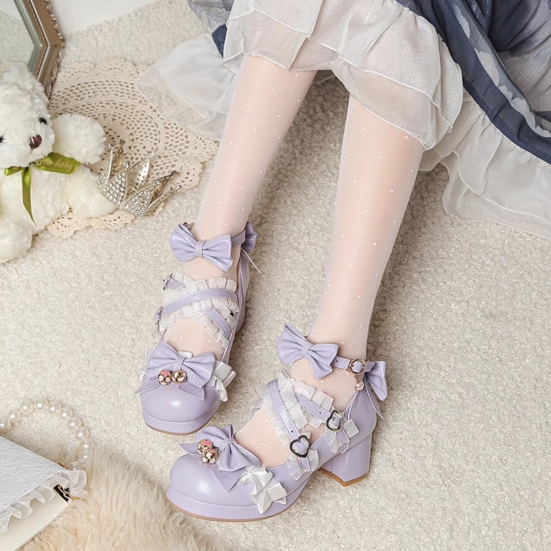 Sweet Bowknot Stitching Lace Princess Lolita High Heels 6 Colors Purple