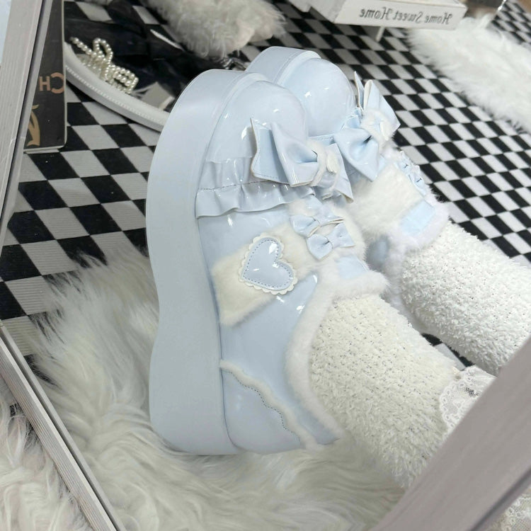 Plush and Thickened Bowknot Sweet Lolita Shoes 5 Colors Blue