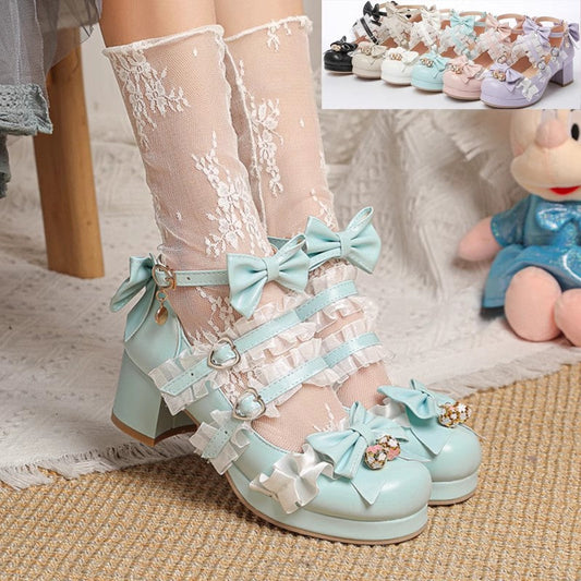 Sweet Bowknot Stitching Lace Princess Lolita High Heels 6 Colors Blue