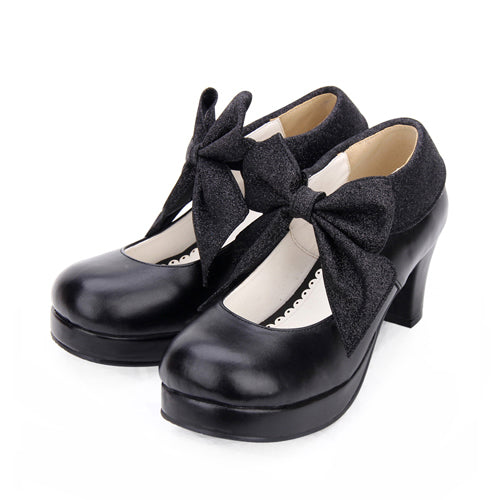 Round toe Big Bowknot Sweet Lolita Shoes Black