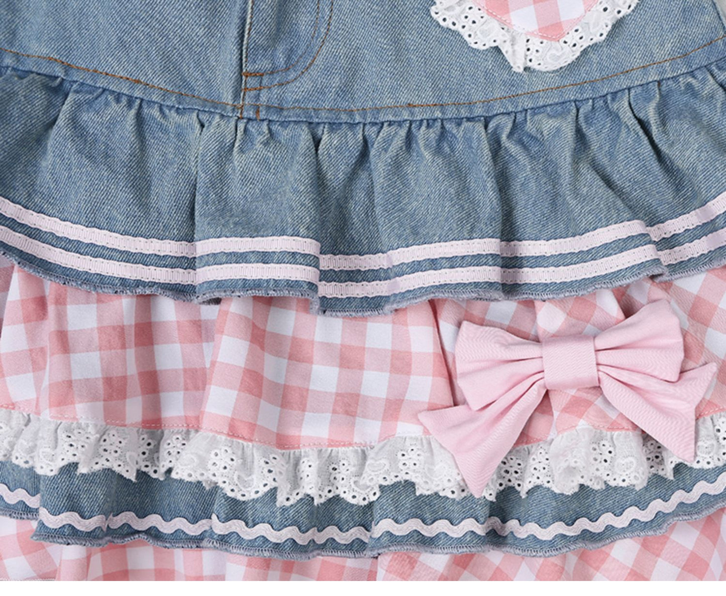 Coquette Pink Plaid Ruffled Denim Skirt
