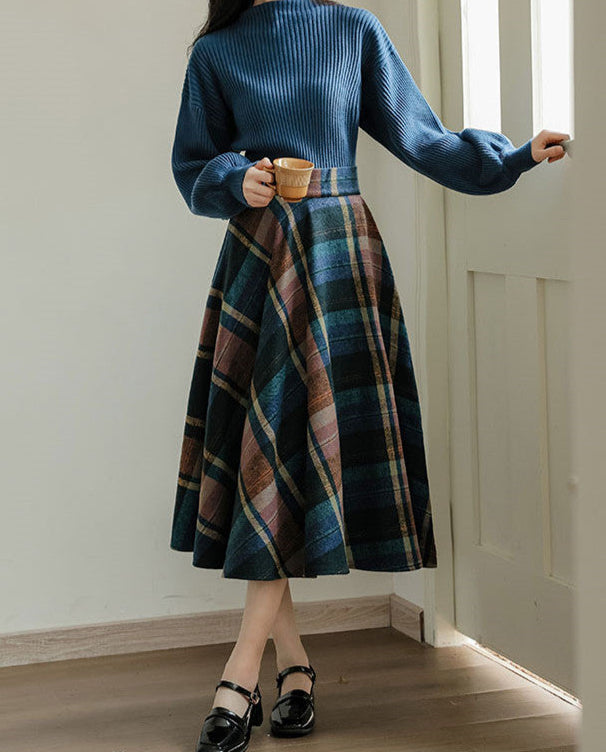 Preppy Plaid Woolen Sweater + Skirt