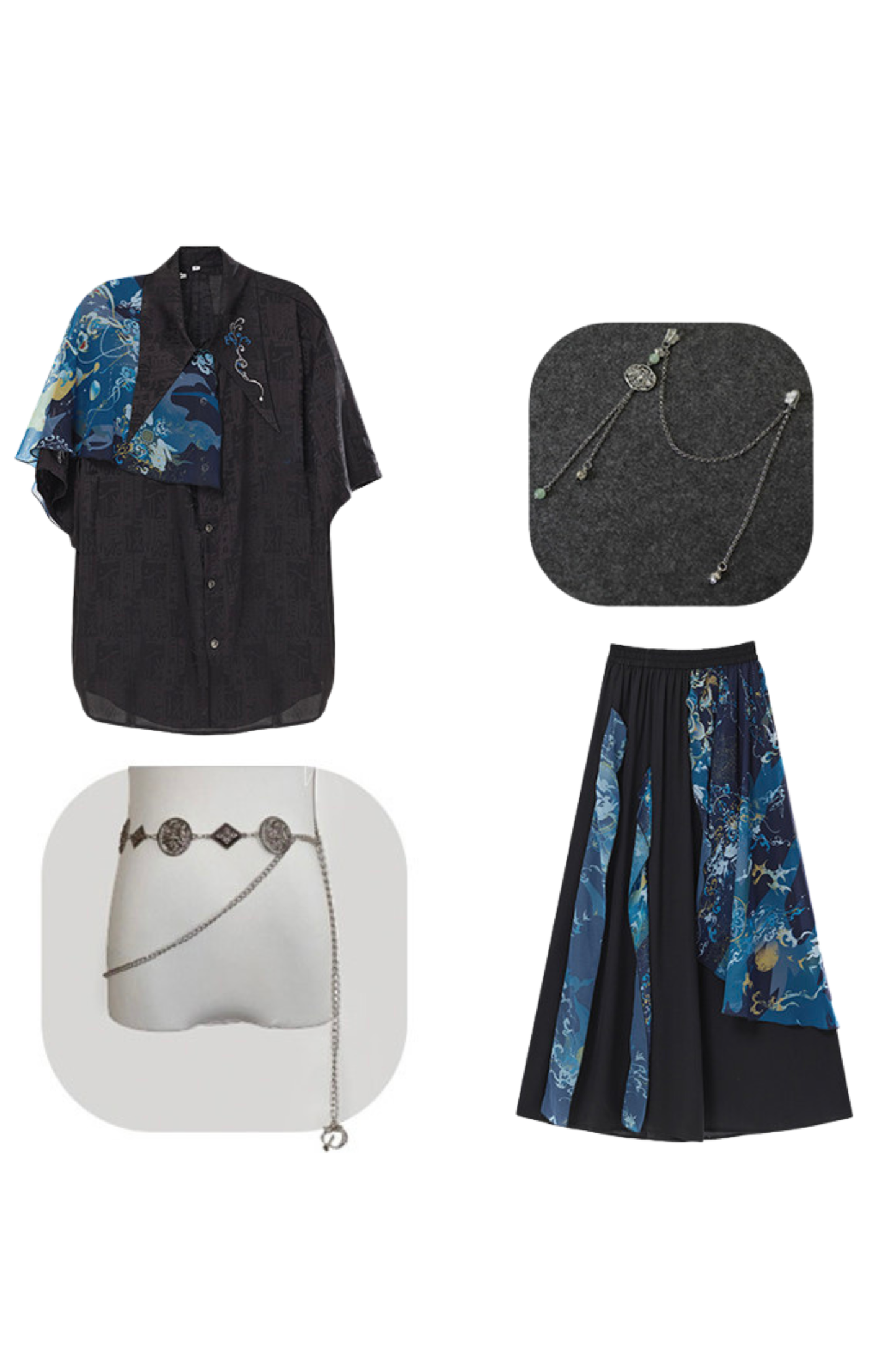 Dark China Shirt + Wide Leg Pants + Chain + Belt