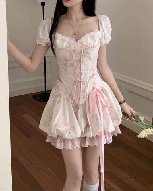 Retro Pastoral Floral Lace-up Coord