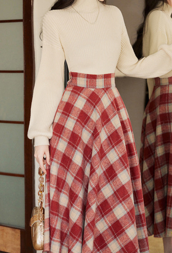 Preppy Plaid Woolen Sweater + Skirt