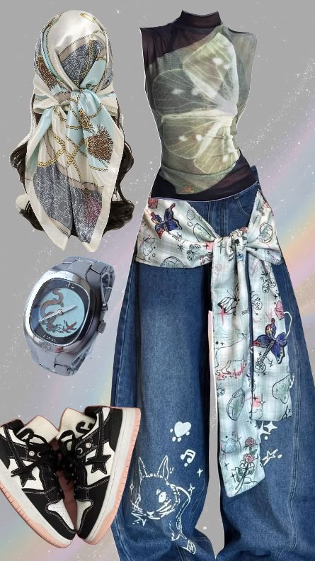 Graffiti strap-detailed curved wide-leg jeans.