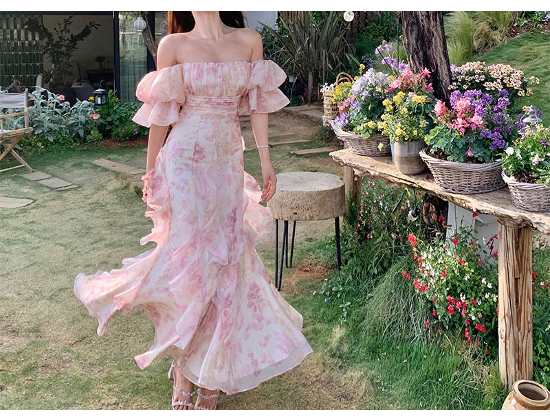 Off-shoulder Mesh Floral Puff-sleeved Dress