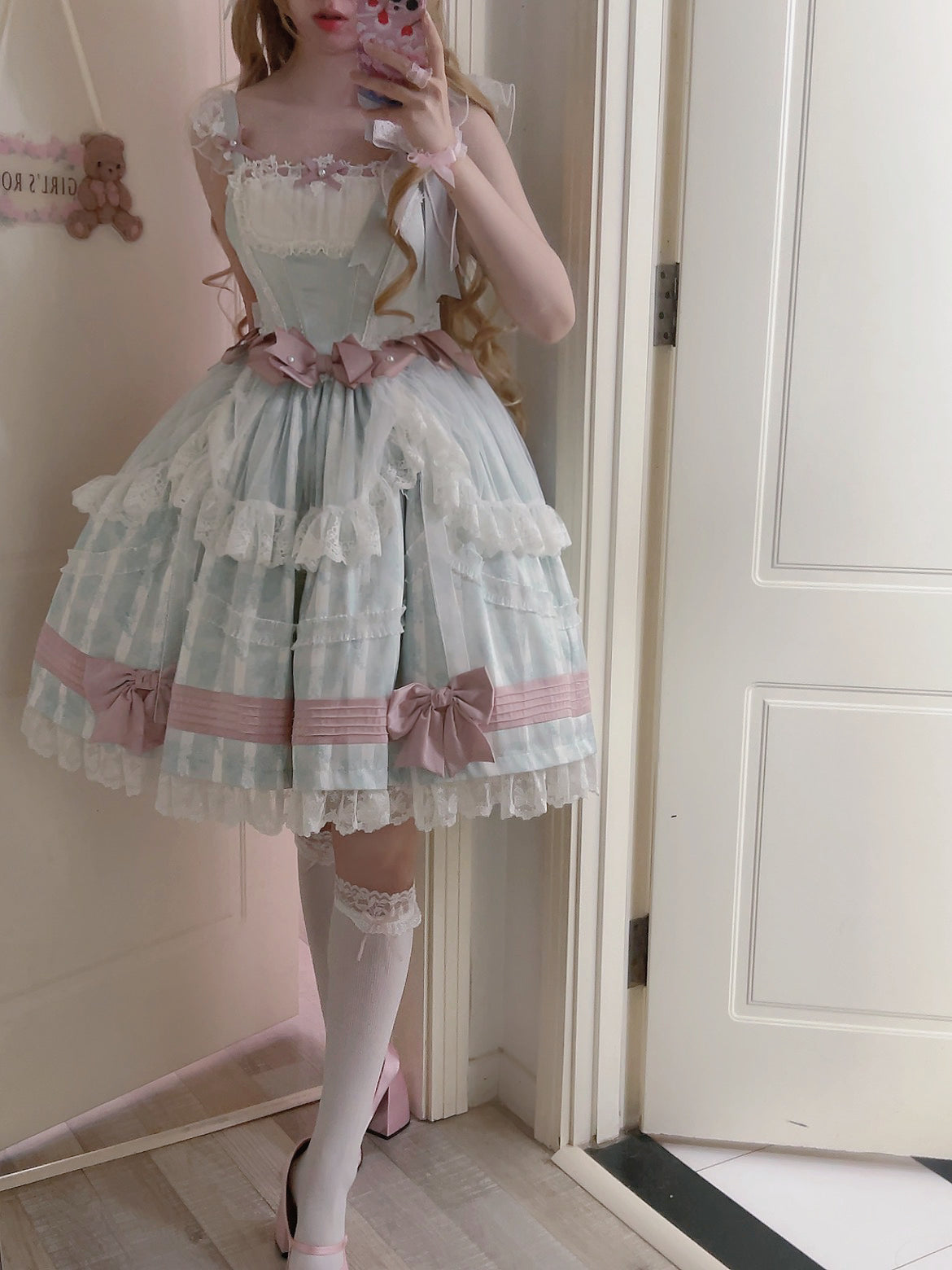 Baby Blue Mesh Pink Bow Lolita Dress